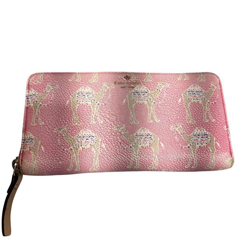 Kate Spade Camel Print Zip Around Wallet Womens OS Pink Leather Trim S1081